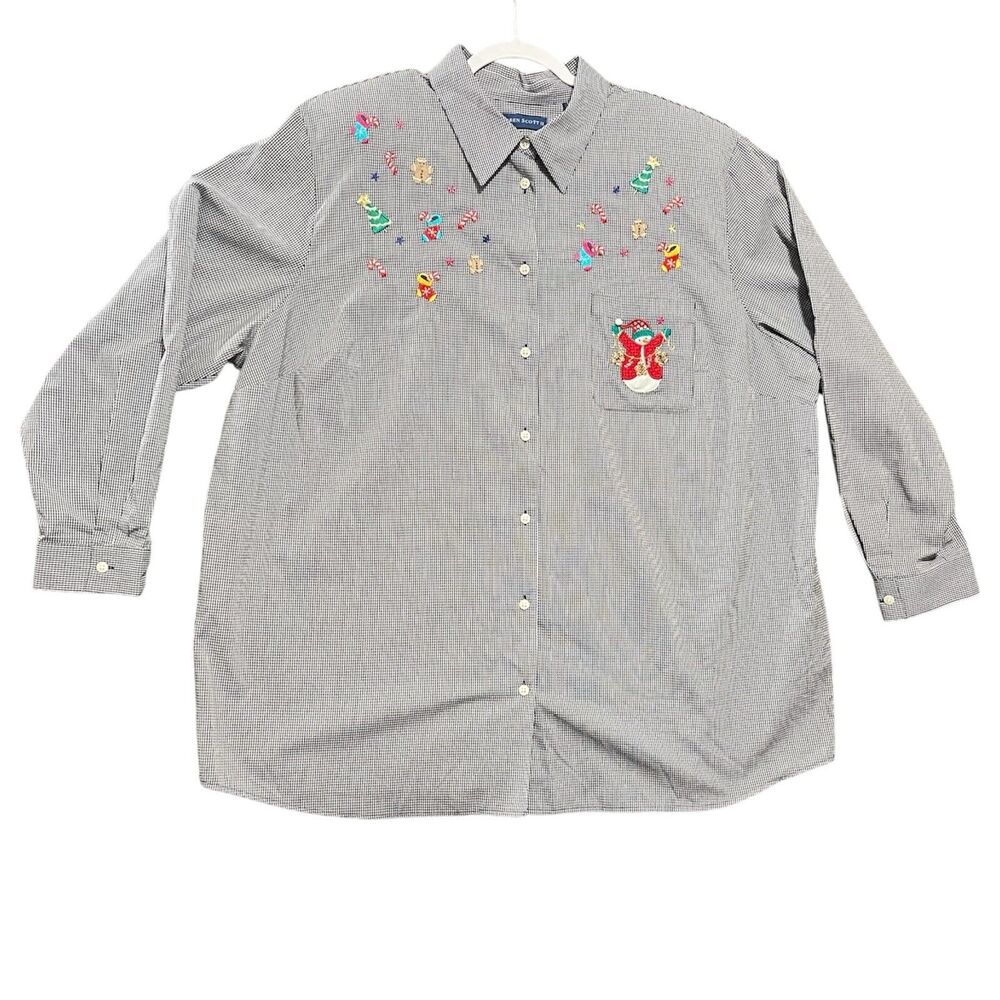 Karen Scott Plus 3X Gingham Christmas Shirt Button Up Embroidered Holiday Top
